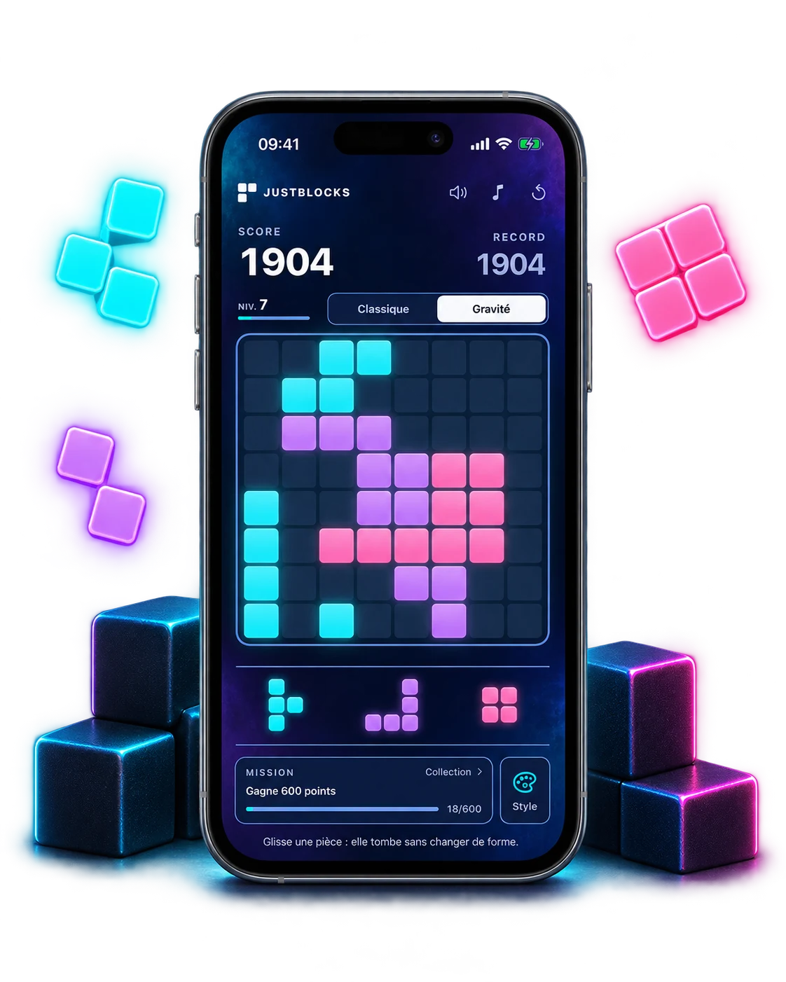 JustBlocks en mode Gravité : des blocs cyan, violets et roses sur une grille de huit cases sur huit.