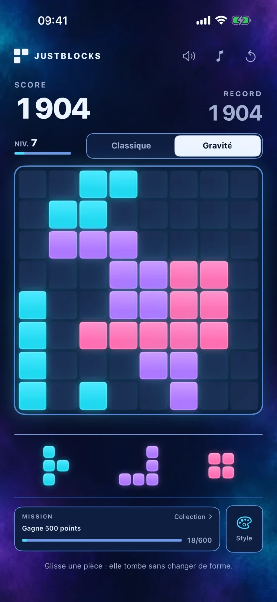 Exemple de partie en mode Gravité avec le thème Arcade néon.